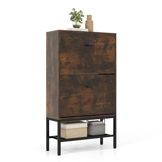 Industrial Shoe Storage Cabinet with 2 Flip Drawers and 1 Bottom Metal Shelf-Brown Kids Crystal