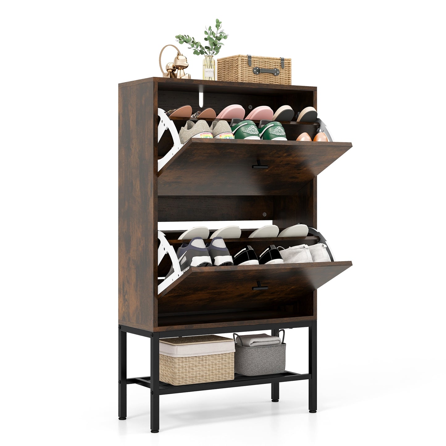 Industrial Shoe Storage Cabinet with 2 Flip Drawers and 1 Bottom Metal Shelf-Brown Kids Crystal