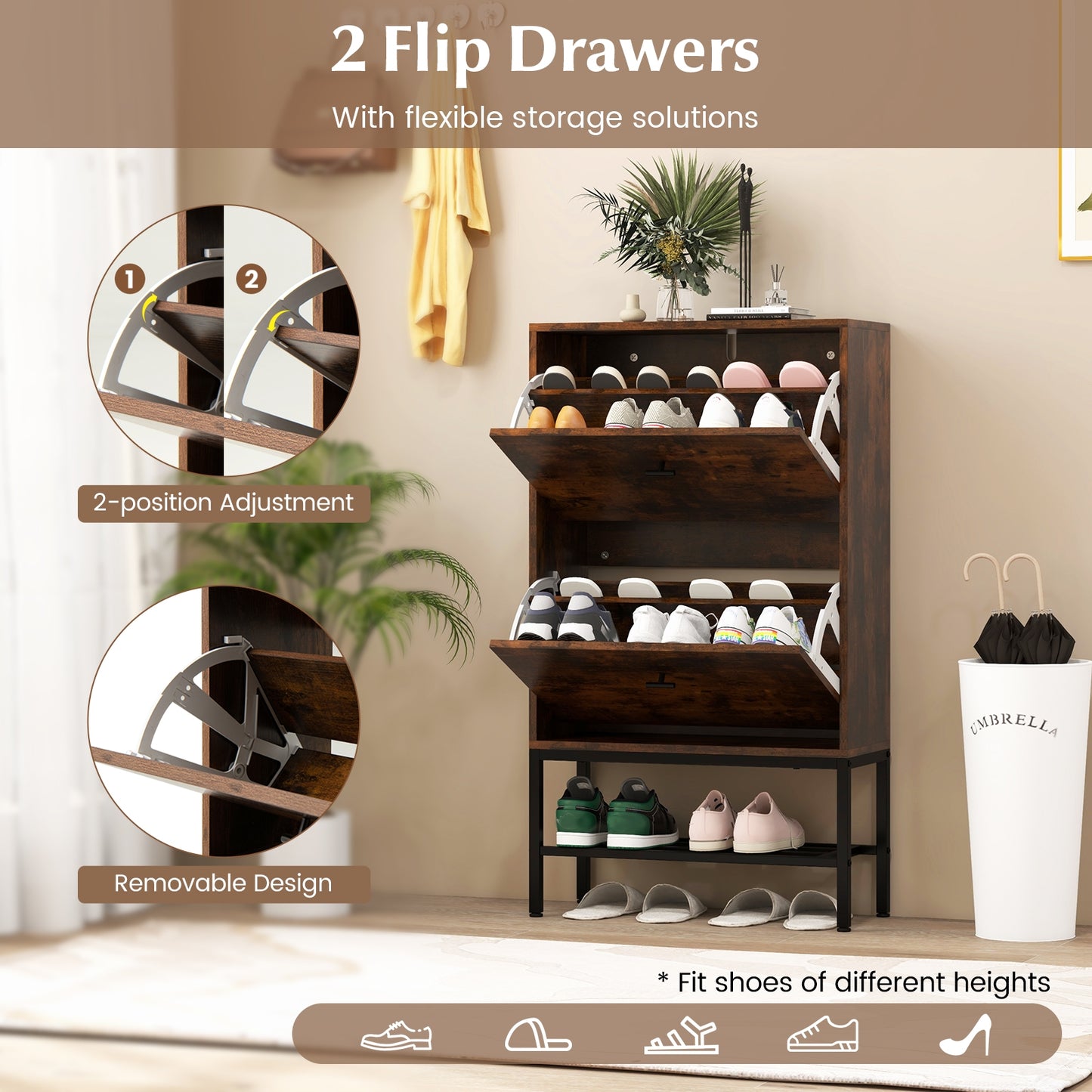 Industrial Shoe Storage Cabinet with 2 Flip Drawers and 1 Bottom Metal Shelf-Brown Kids Crystal