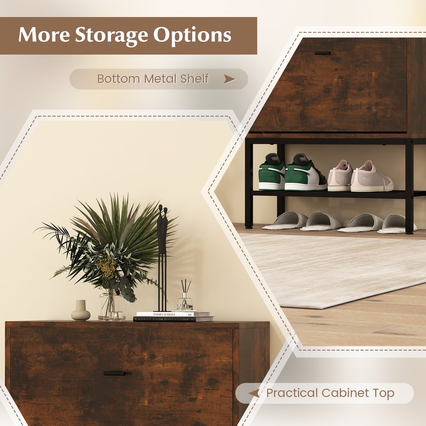 Industrial Shoe Storage Cabinet with 2 Flip Drawers and 1 Bottom Metal Shelf-Brown Kids Crystal