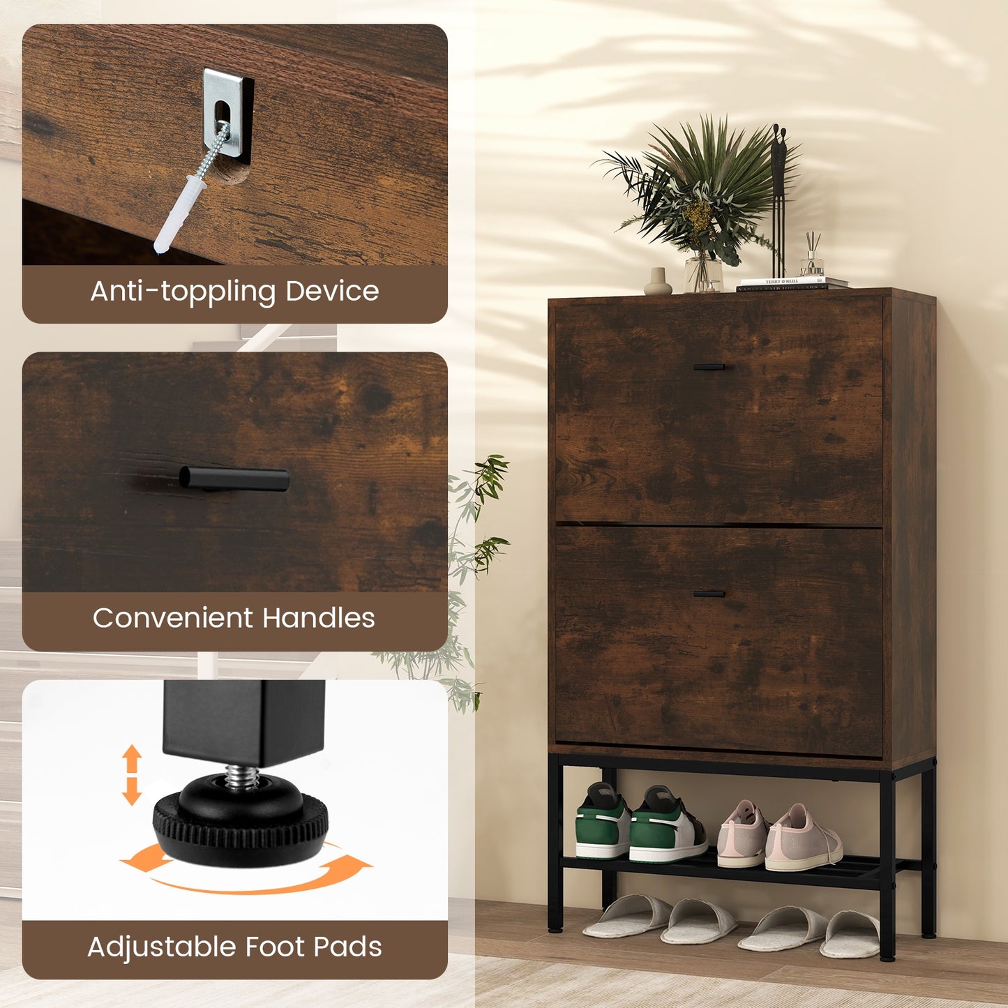 Industrial Shoe Storage Cabinet with 2 Flip Drawers and 1 Bottom Metal Shelf-Brown Kids Crystal