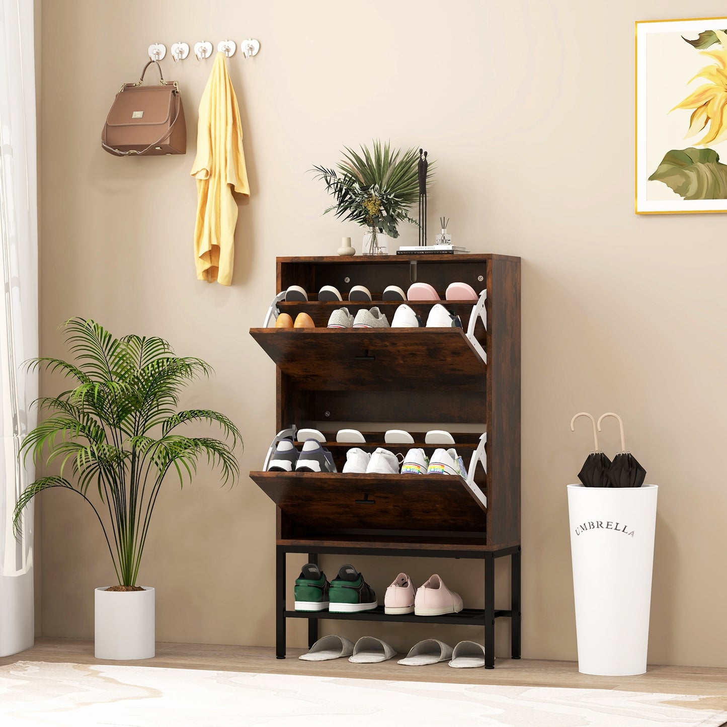 Industrial Shoe Storage Cabinet with 2 Flip Drawers and 1 Bottom Metal Shelf-Brown Kids Crystal