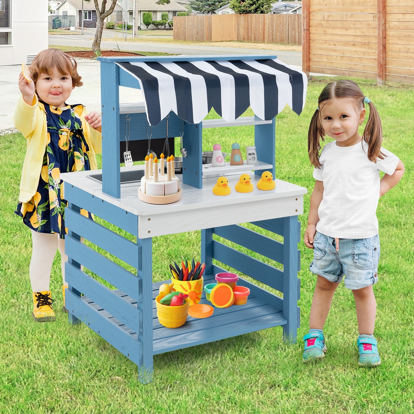 Double-sided Wooden Play Kitchen and Grocery Stand with Stoves for Kids 3+ Years Old Kids Crystal