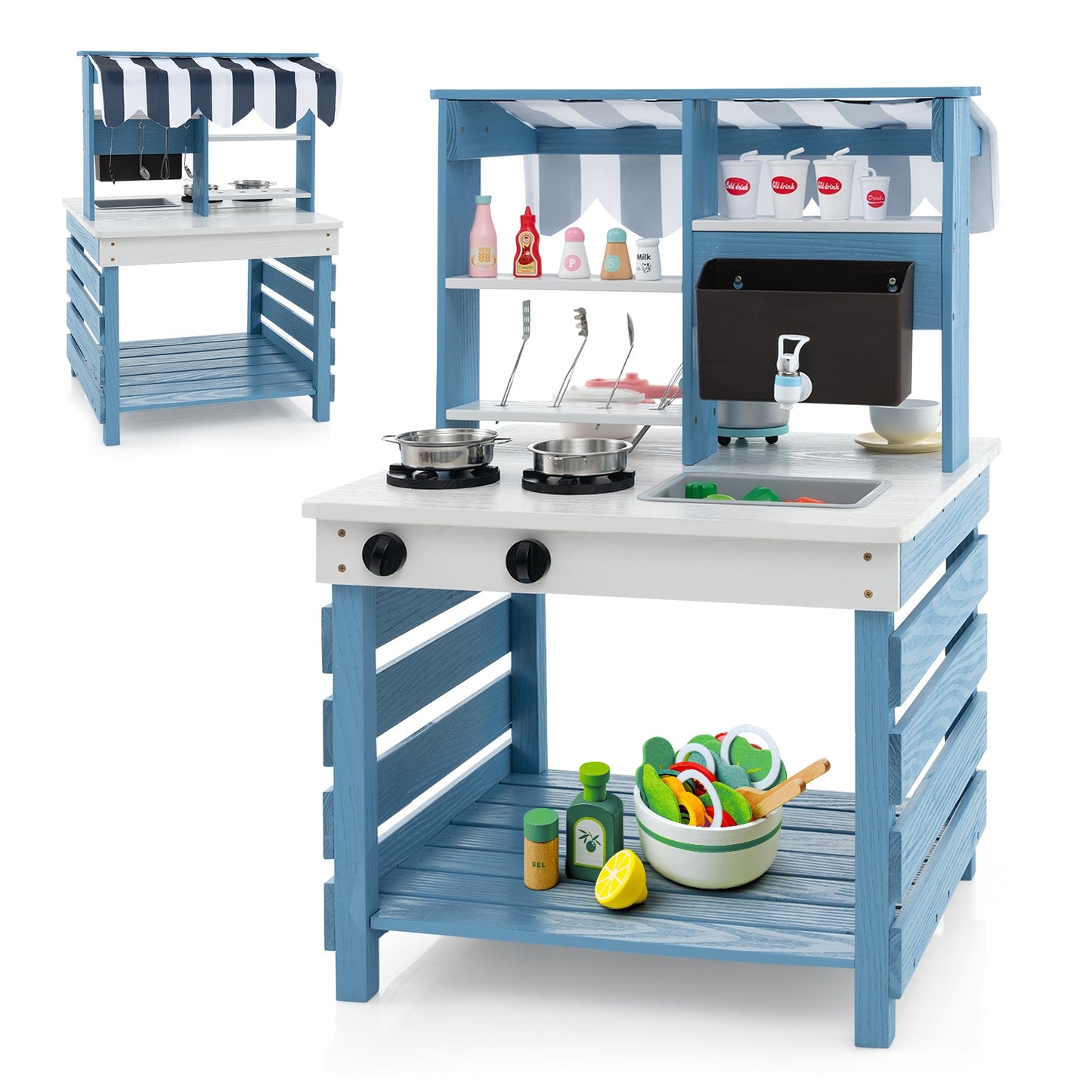 Double-sided Wooden Play Kitchen and Grocery Stand with Stoves for Kids 3+ Years Old Kids Crystal