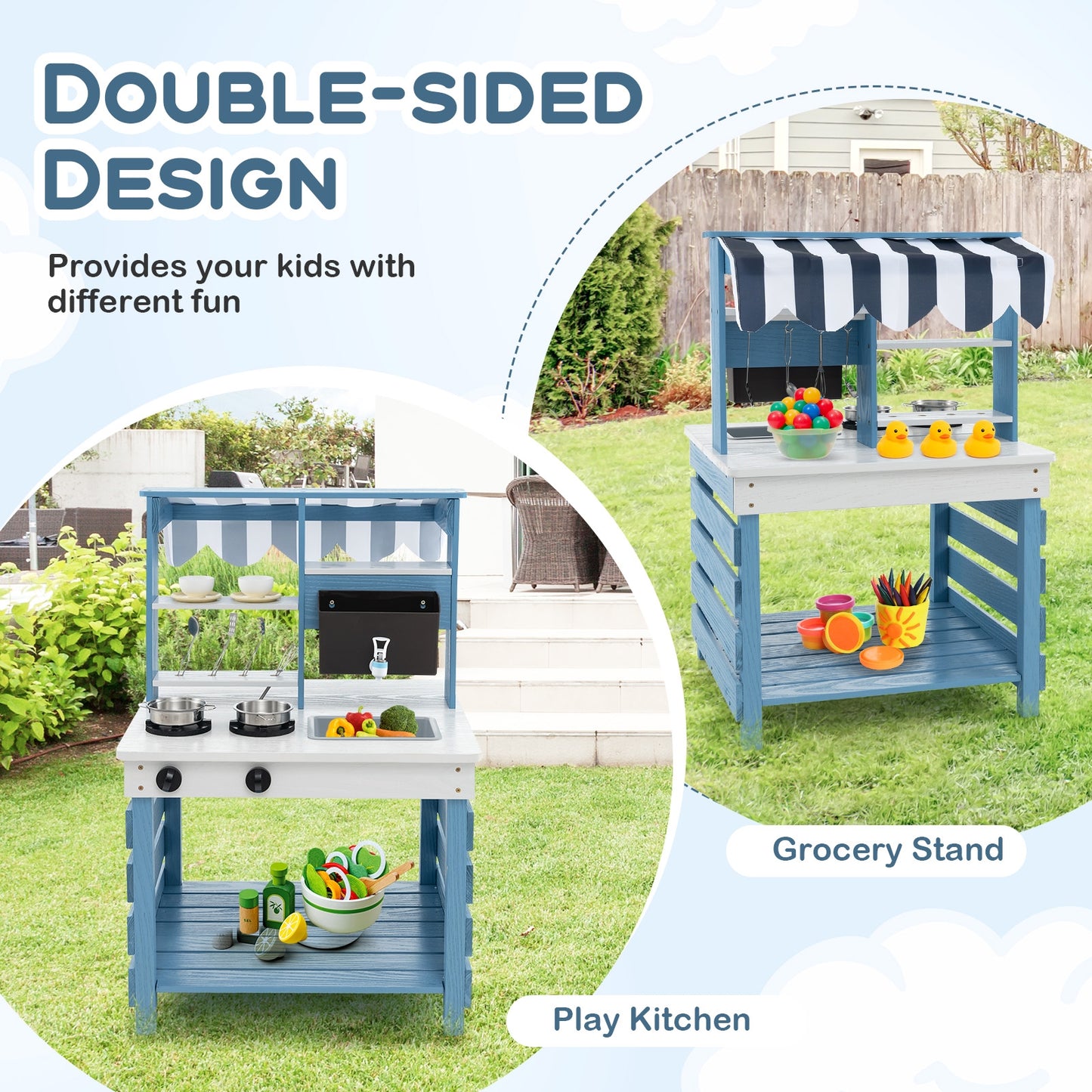 Double-sided Wooden Play Kitchen and Grocery Stand with Stoves for Kids 3+ Years Old Kids Crystal