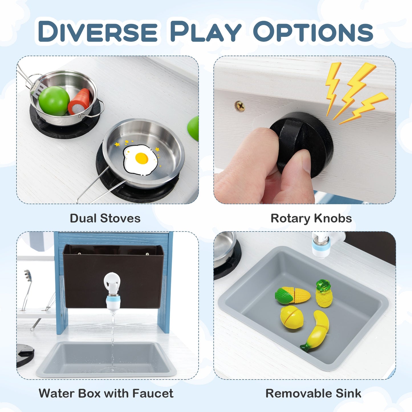 Double-sided Wooden Play Kitchen and Grocery Stand with Stoves for Kids 3+ Years Old Kids Crystal