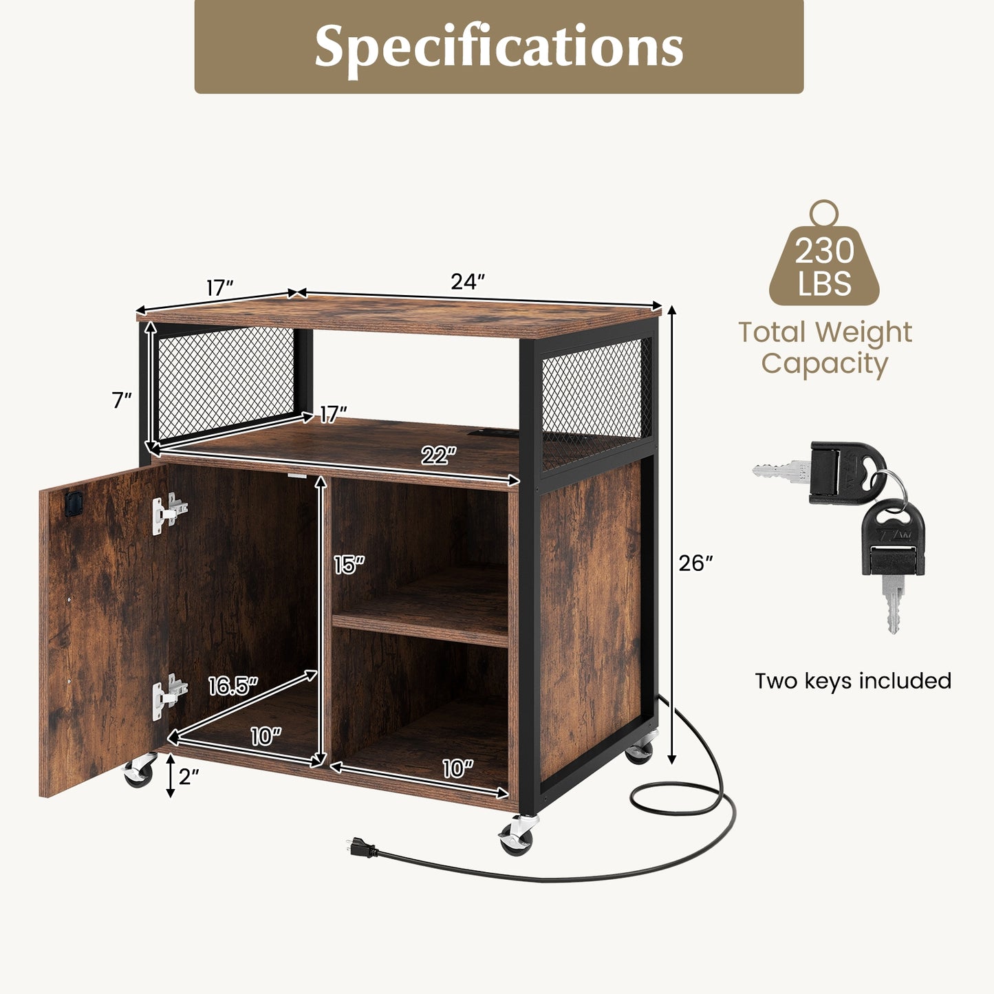 File Cabinet on Wheels with Charging Station and Cable Management Hole-Brown Kids Crystal