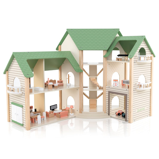 Wooden Corner Dollhouse Playset with 6 Rooms and 36 Pieces for Kids 3+ Years Old-Green Kids Crystal