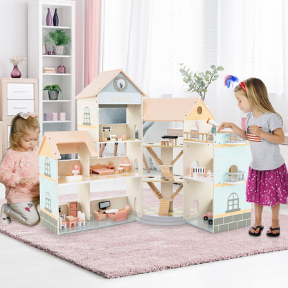 Wooden Corner Dollhouse Playset with 41 Pieces of Accessories for Kids 3+ Years Old-Orange