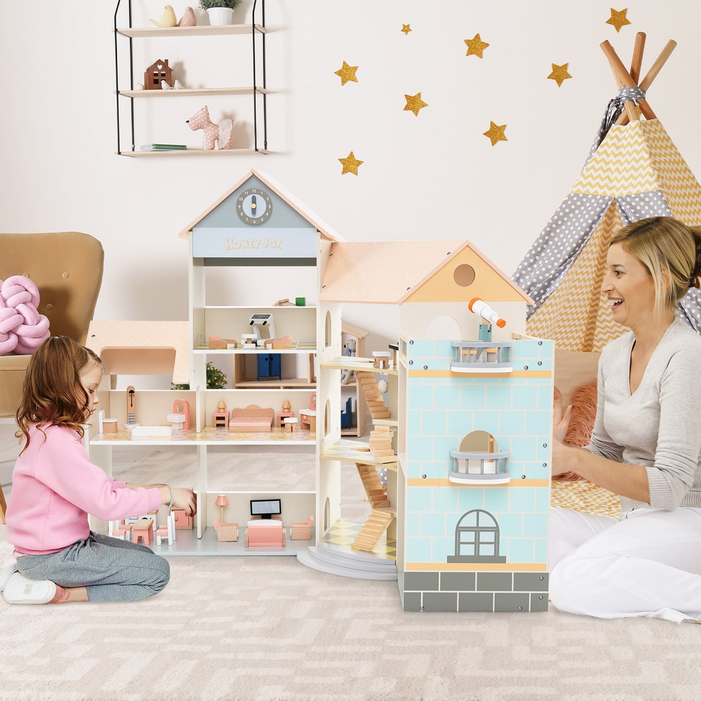 Wooden Corner Dollhouse Playset with 41 Pieces of Accessories for Kids 3+ Years Old-Orange Kids Crystal