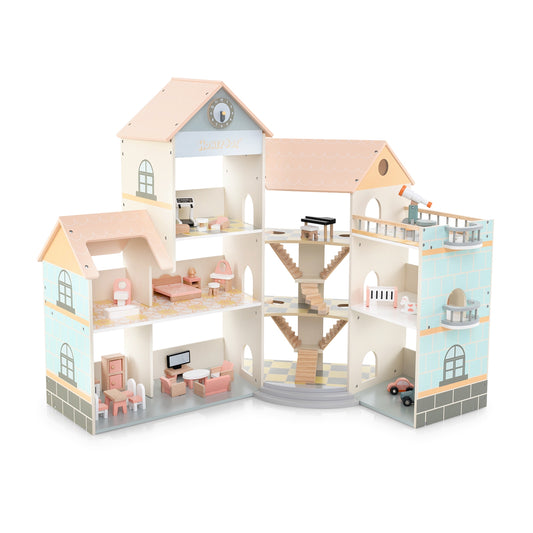 Wooden Corner Dollhouse Playset with 41 Pieces of Accessories for Kids 3+ Years Old-Orange Kids Crystal