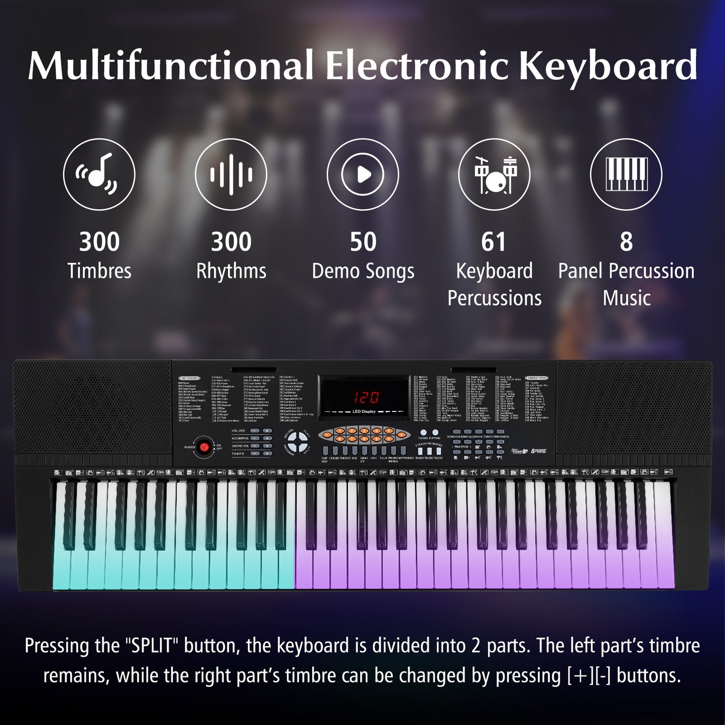 61-Key Electronic Keyboard Piano with 3 Teaching Modes LED Display and Dual Keyboard Kids Crystal