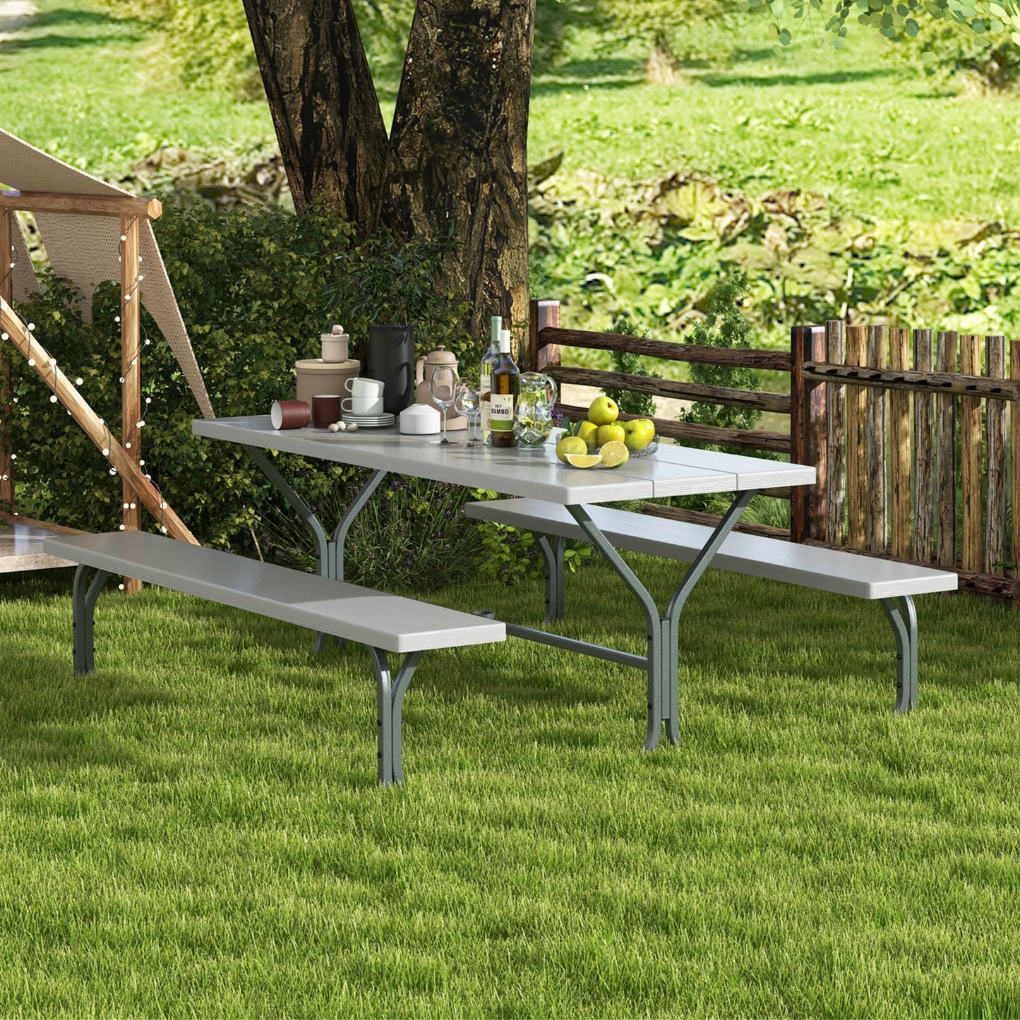 6 Feet Picnic Table Bench Set with HDPE Tabletop for 8 Person-Gray Kids Crystal