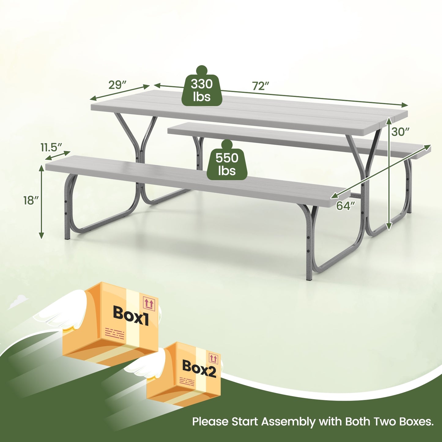 6 Feet Picnic Table Bench Set with HDPE Tabletop for 8 Person-Gray Kids Crystal