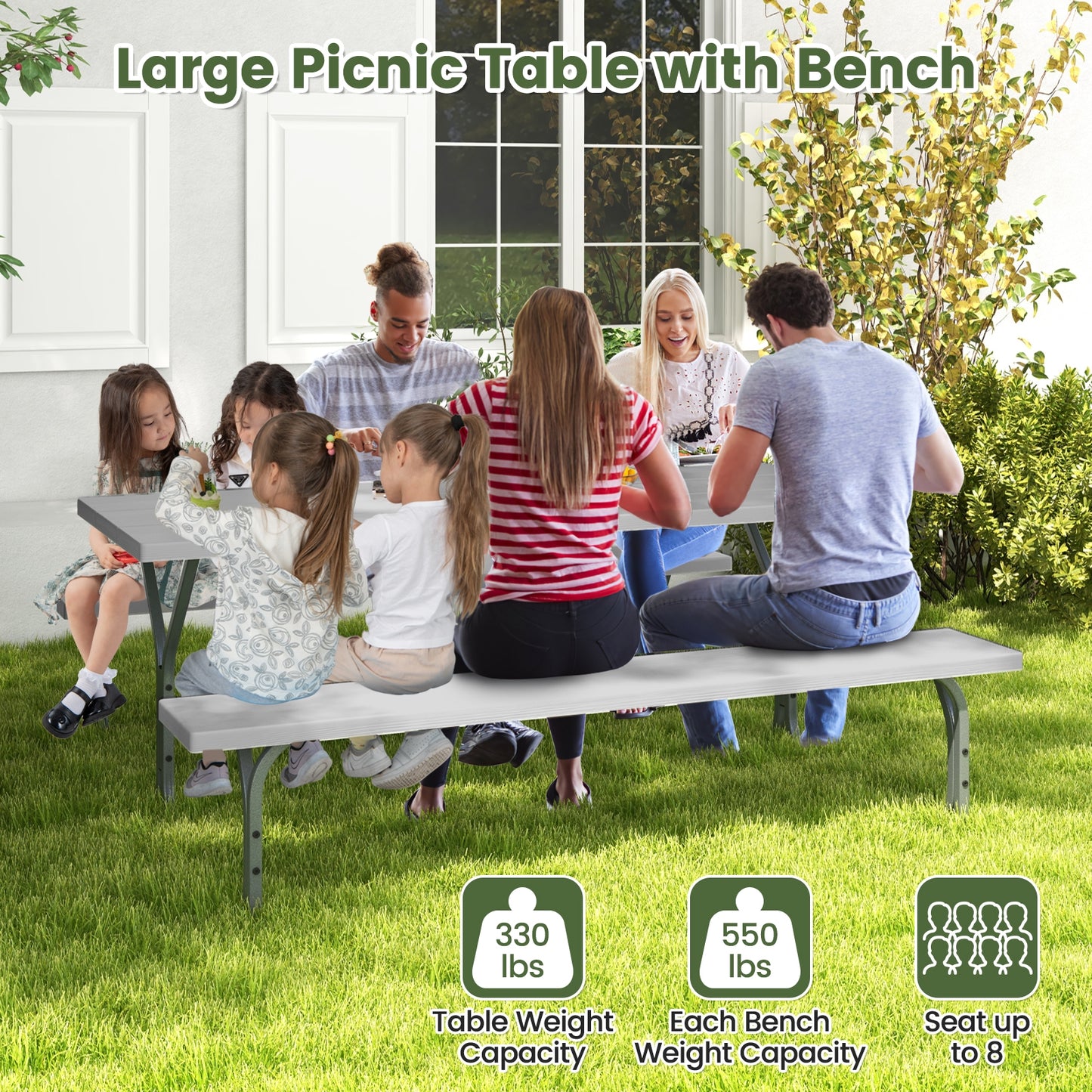 6 Feet Picnic Table Bench Set with HDPE Tabletop for 8 Person-Gray Kids Crystal