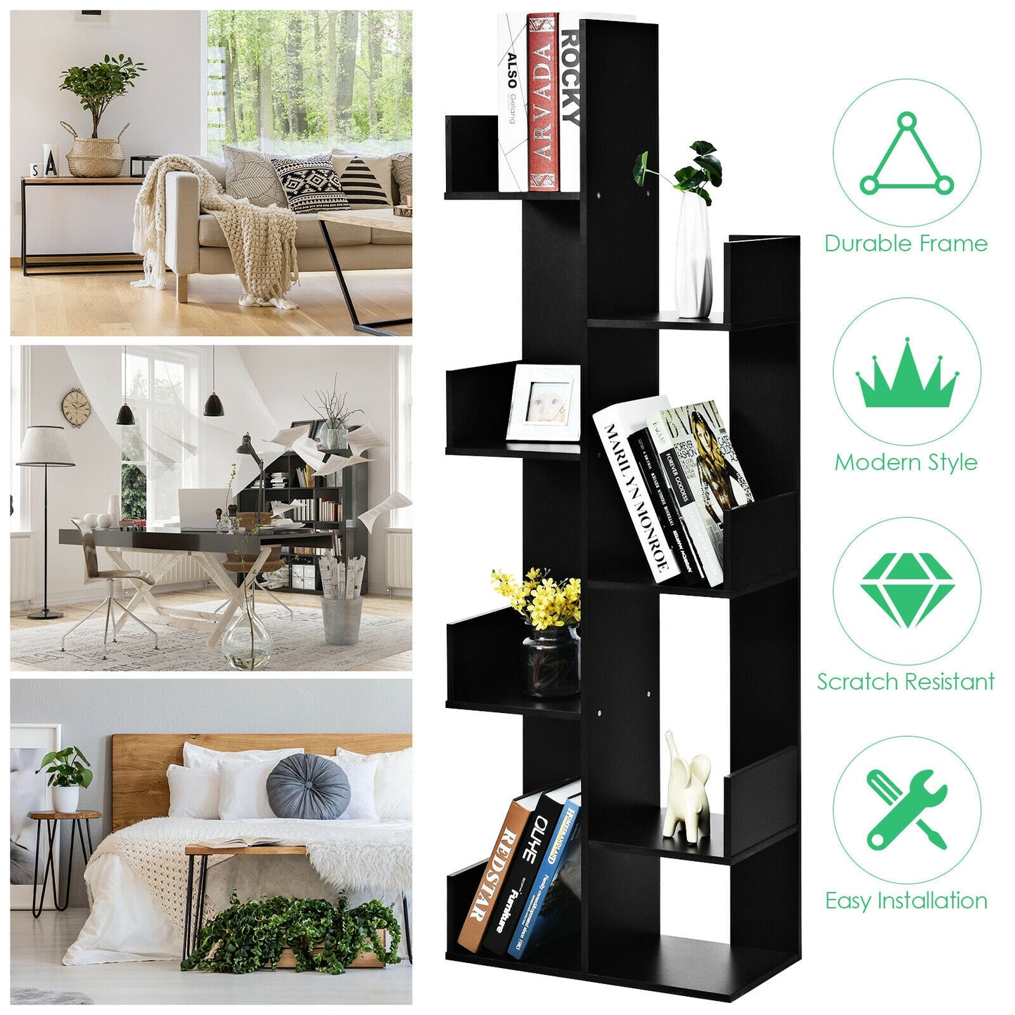 8-Tier Bookshelf Bookcase with 8 Open Compartments Space-Saving Storage Rack -Black Kids Crystal