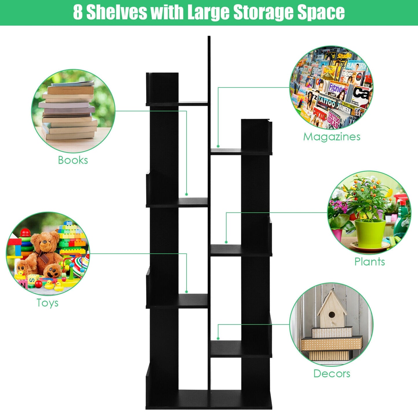 8-Tier Bookshelf Bookcase with 8 Open Compartments Space-Saving Storage Rack -Black Kids Crystal