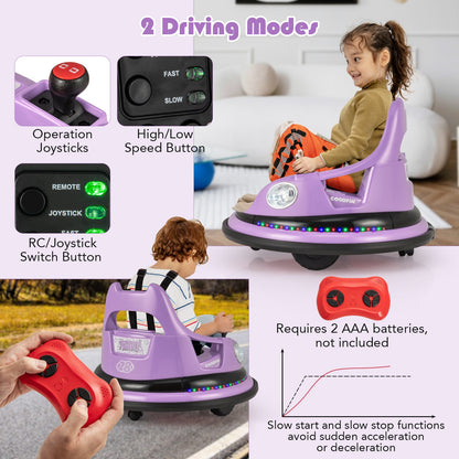 12V Kids Ride On Bumper Car with Remote Control and Dual Joysticks-Purple