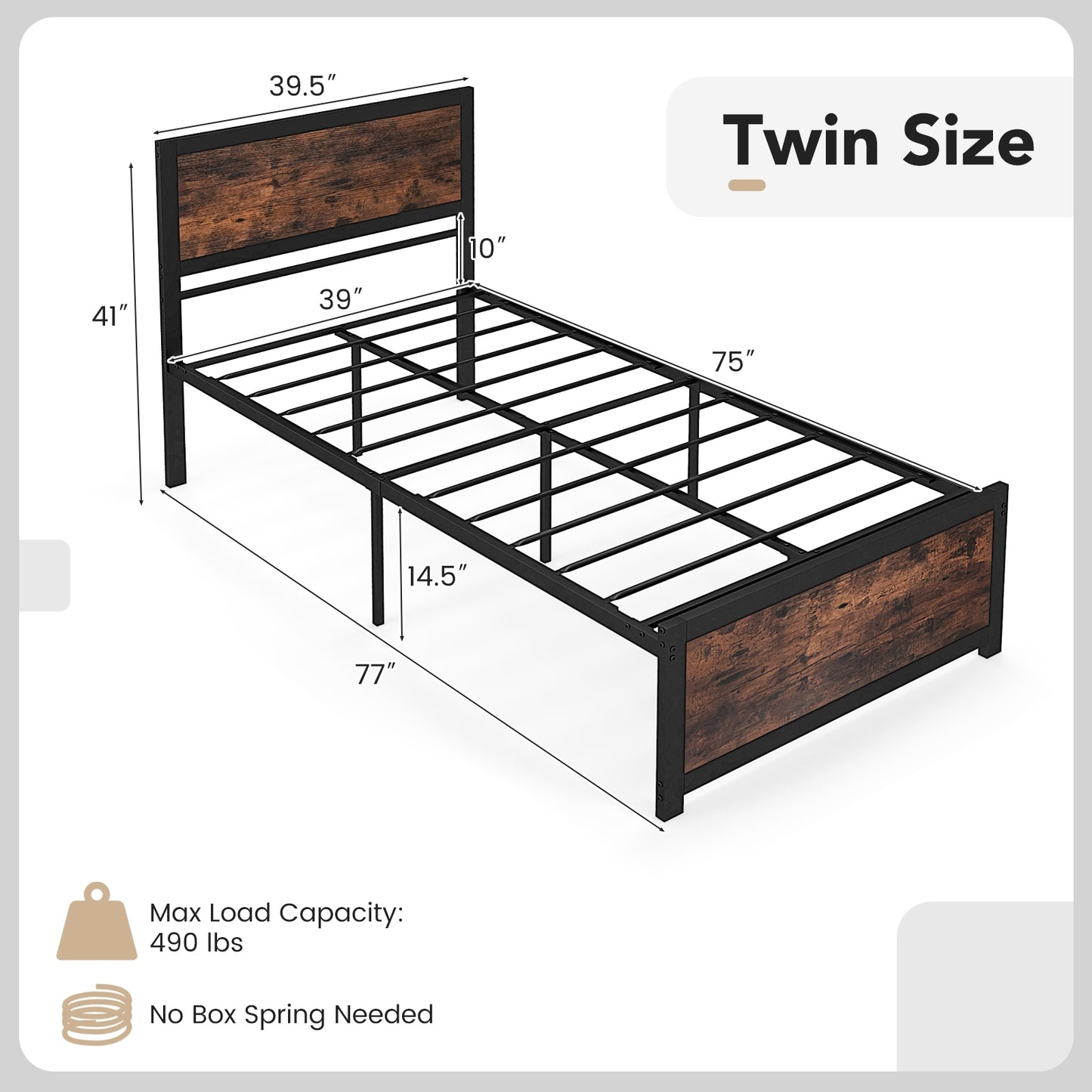 Twin Size Bed Frame Metal with High Headboard and Mute Bars-Twin Size Kids Crystal