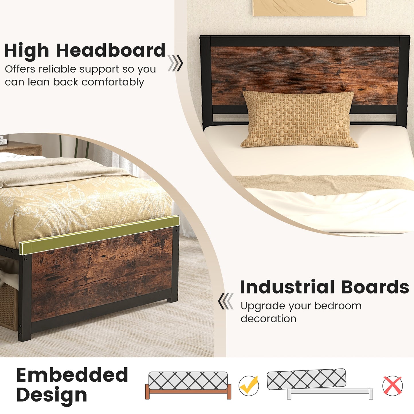 Twin Size Bed Frame Metal with High Headboard and Mute Bars-Twin Size Kids Crystal