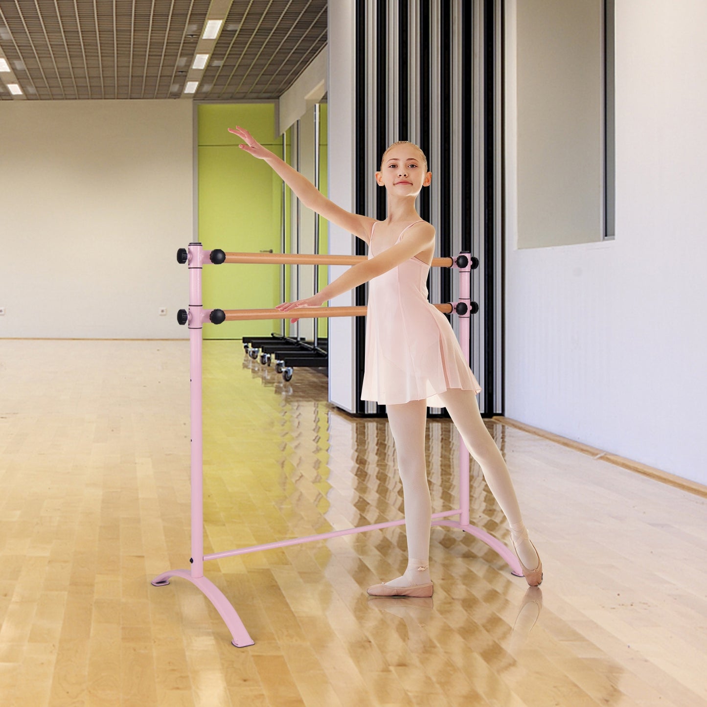 4 Foot Portable  Freestanding Double Ballet Barre-Pink Kids Crystal