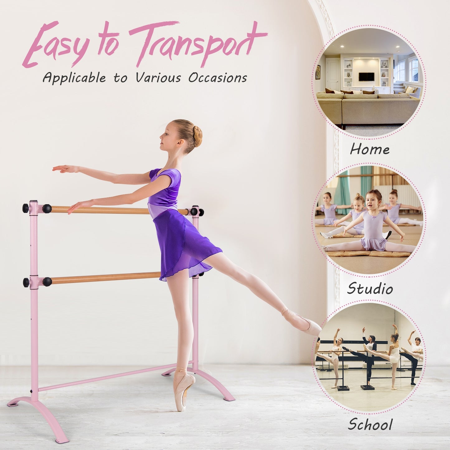 4 Foot Portable  Freestanding Double Ballet Barre-Pink Kids Crystal
