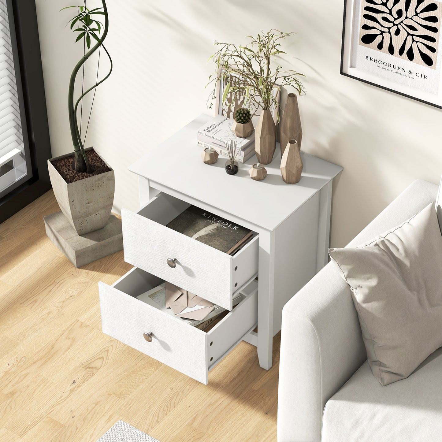 Modern Nightstand with 2 Drawers for Small Spaces-White Kids Crystal