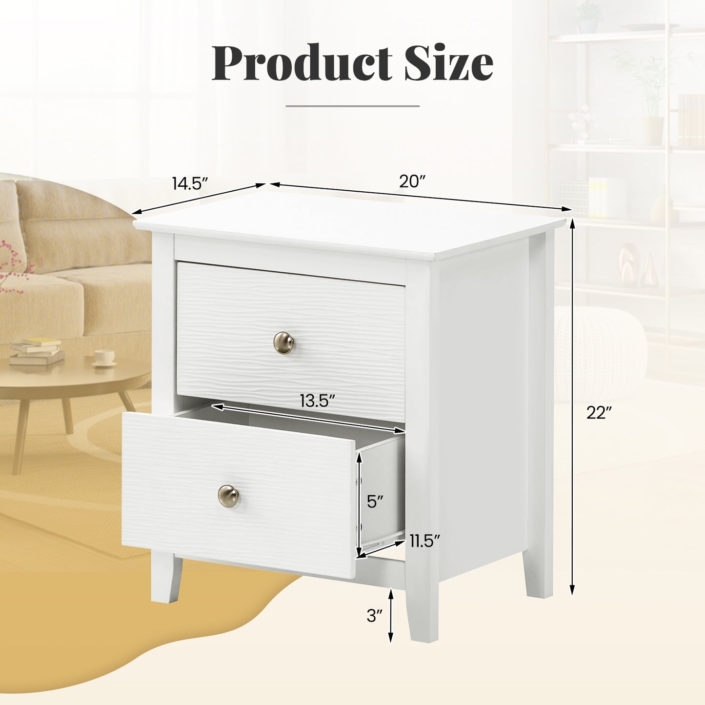 Modern Nightstand with 2 Drawers for Small Spaces-White Kids Crystal