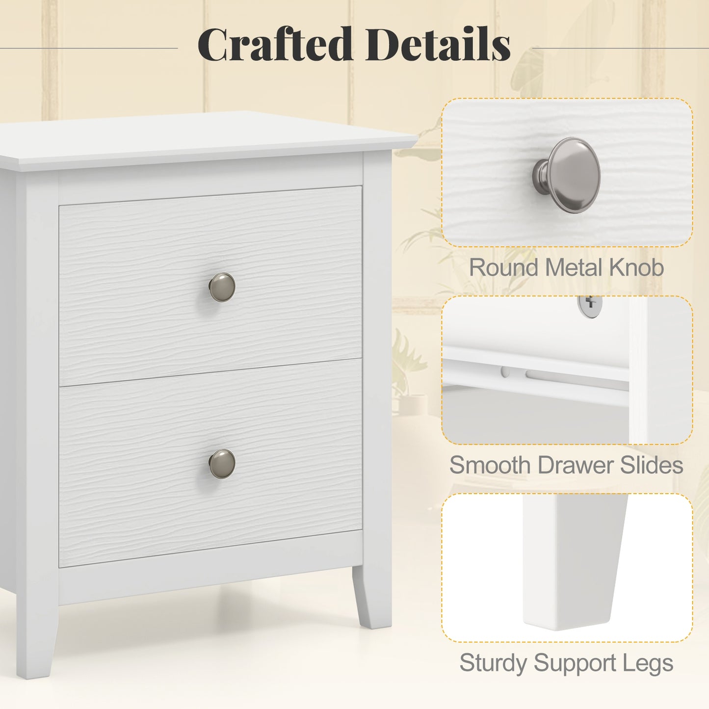 Modern Nightstand with 2 Drawers for Small Spaces-White Kids Crystal