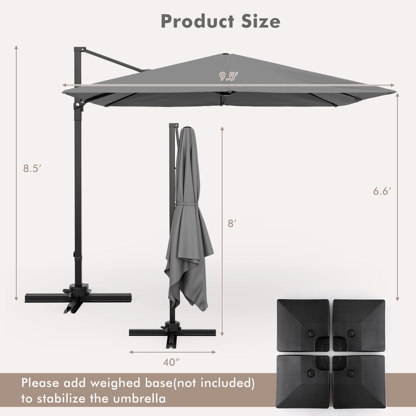 9.5 Feet Square Patio Cantilever Umbrella with 360° Rotation-Gray Kids Crystal