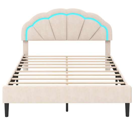 Upholstered LED Bed Frame with Adjustable Flower Headboard and Metal Support Feet-Queen Size Kids Crystal