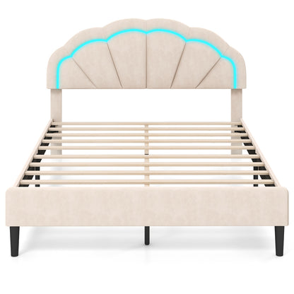 Upholstered LED Bed Frame with Adjustable Flower Headboard and Metal Support Feet-Queen Size