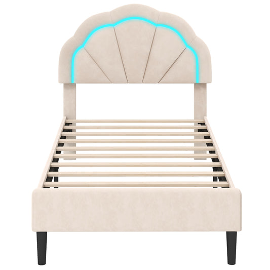 Upholstered LED Bed Frame with Adjustable Flower Headboard and Metal Support Feet-Twin Size Kids Crystal