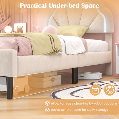 Upholstered LED Bed Frame with Adjustable Flower Headboard and Metal Support Feet-Twin Size