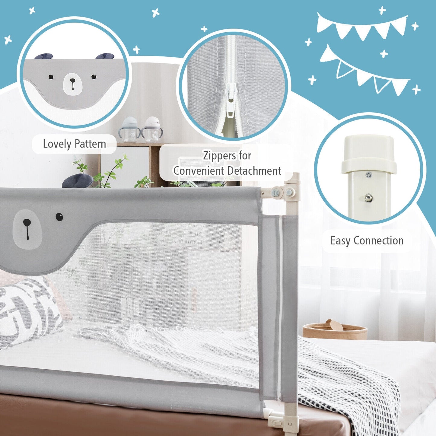Vertical Lifting Baby Bedrail Guard with Double Safety Child Lock Kids Crystal