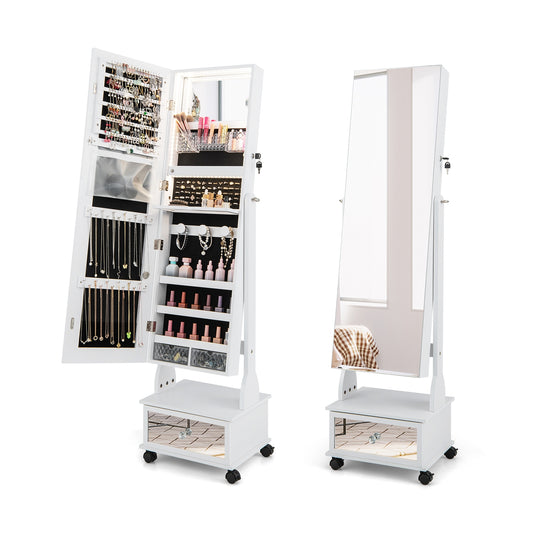 47 Inch Lockable Jewelry Cabinet Armoire with 3-Color LED Lights-White Kids Crystal