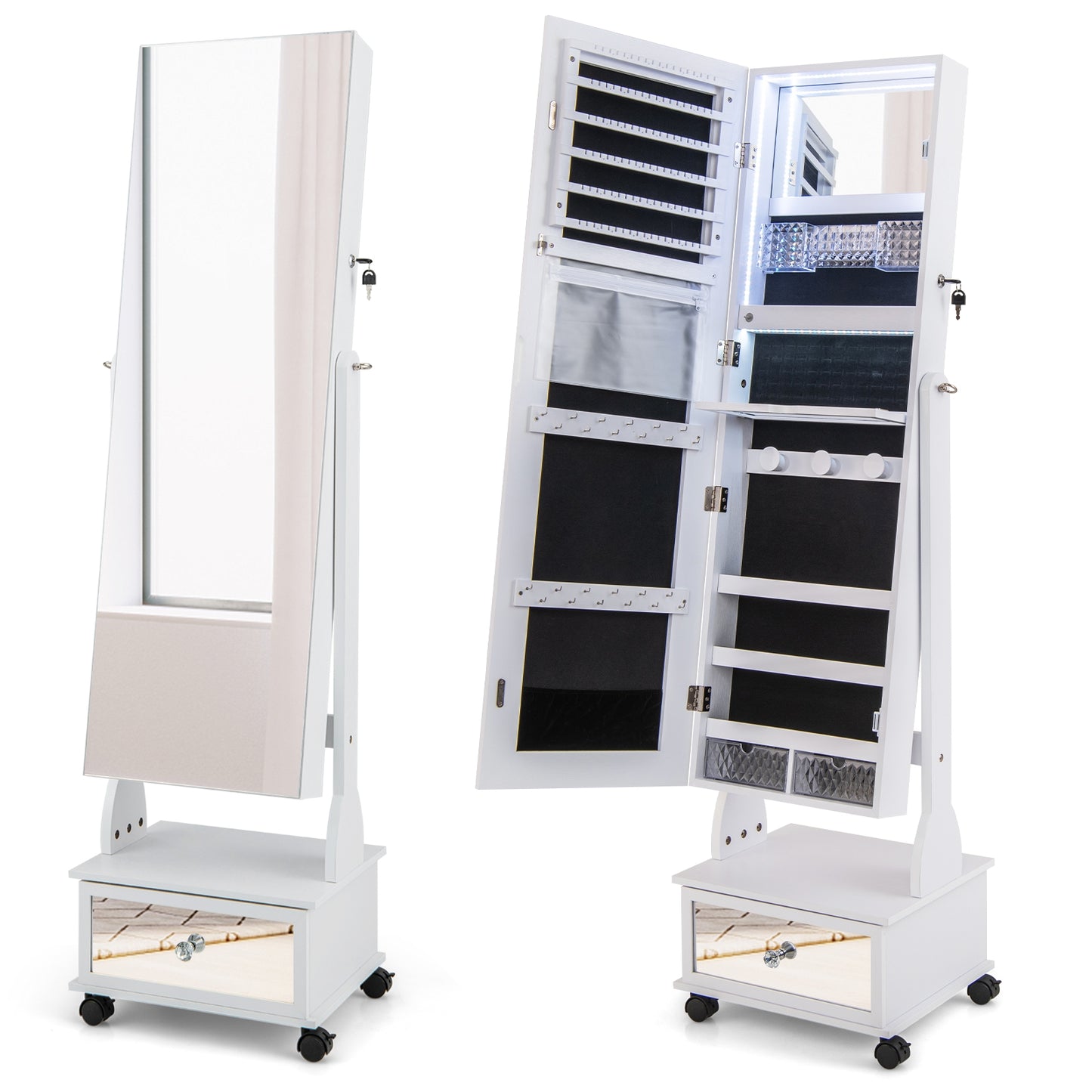 47 Inch Lockable Jewelry Cabinet Armoire with 3-Color LED Lights-White Kids Crystal