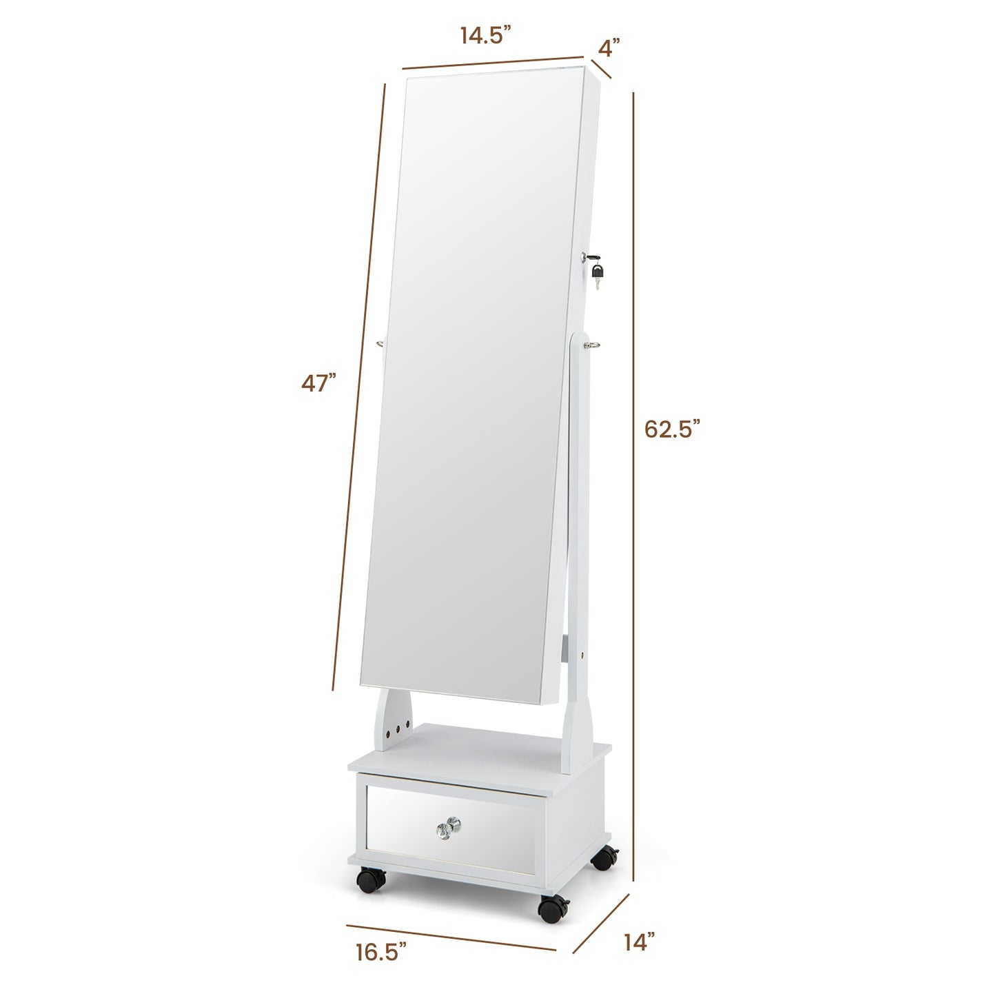 47 Inch Lockable Jewelry Cabinet Armoire with 3-Color LED Lights-White Kids Crystal