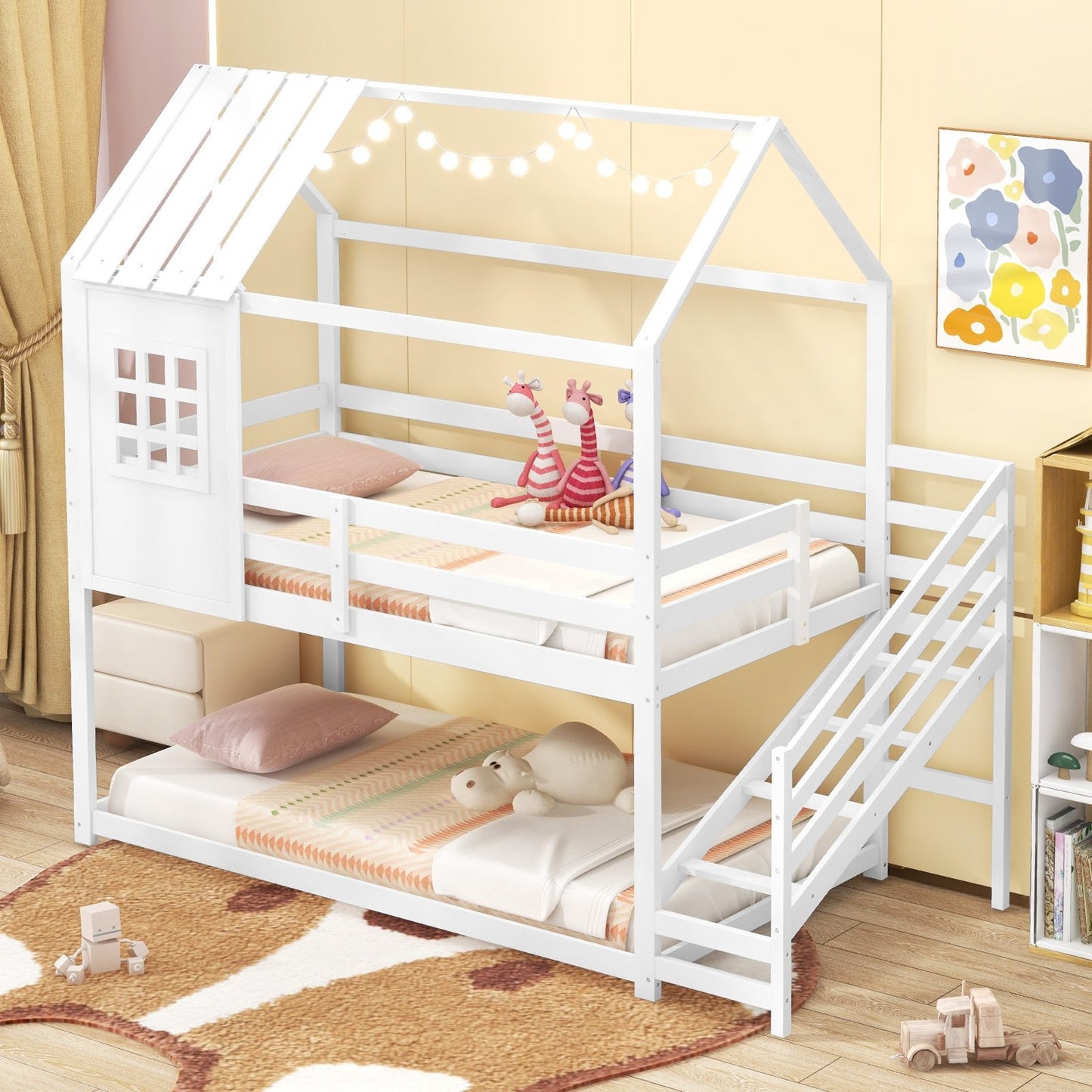 Twin House Bed with Stairs and Roof for Kids-White Kids Crystal