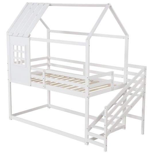 Twin House Bed with Stairs and Roof for Kids-White Kids Crystal