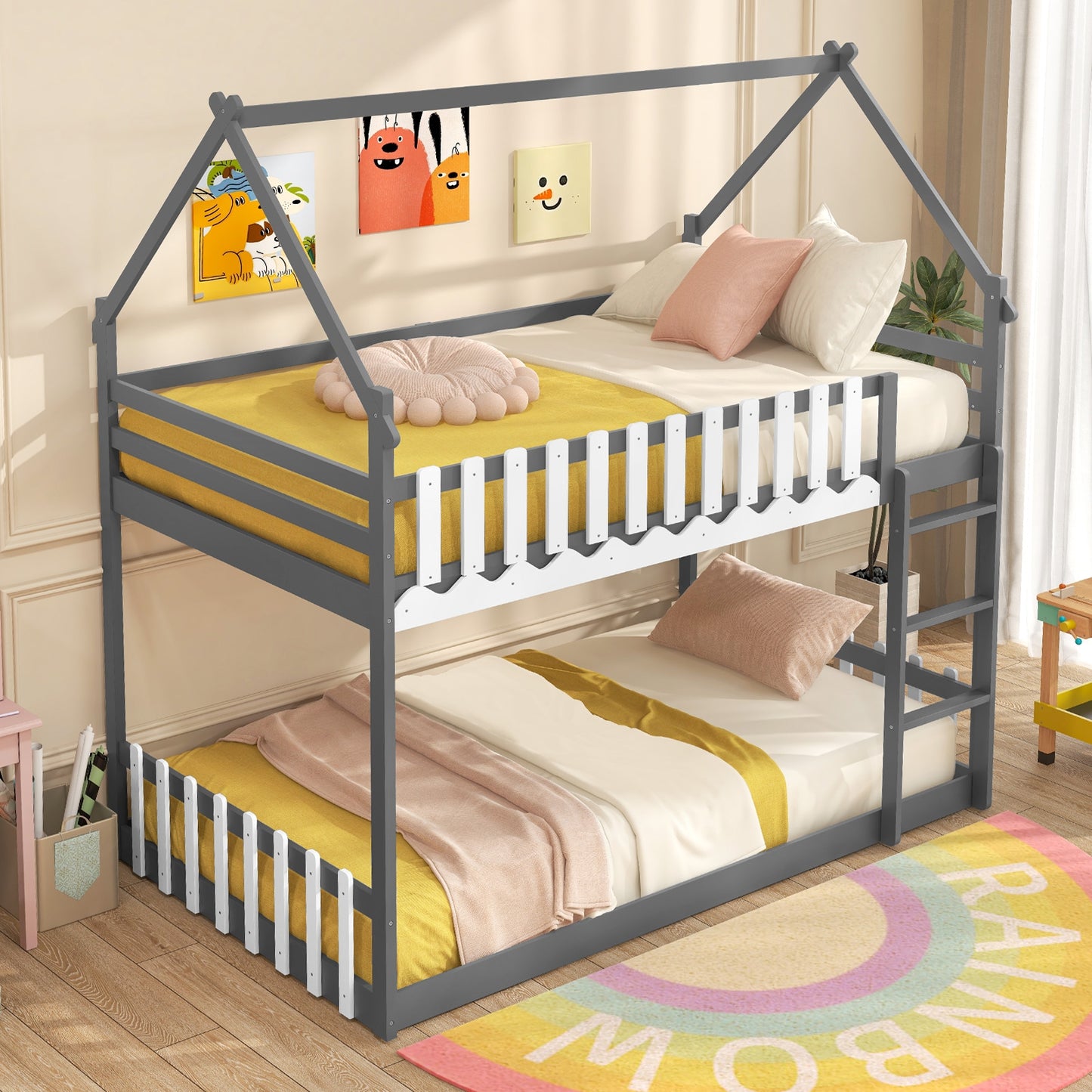 Twin Over Twin Bunk Bed with Fence and Ladder for Kids-Gray Kids Crystal
