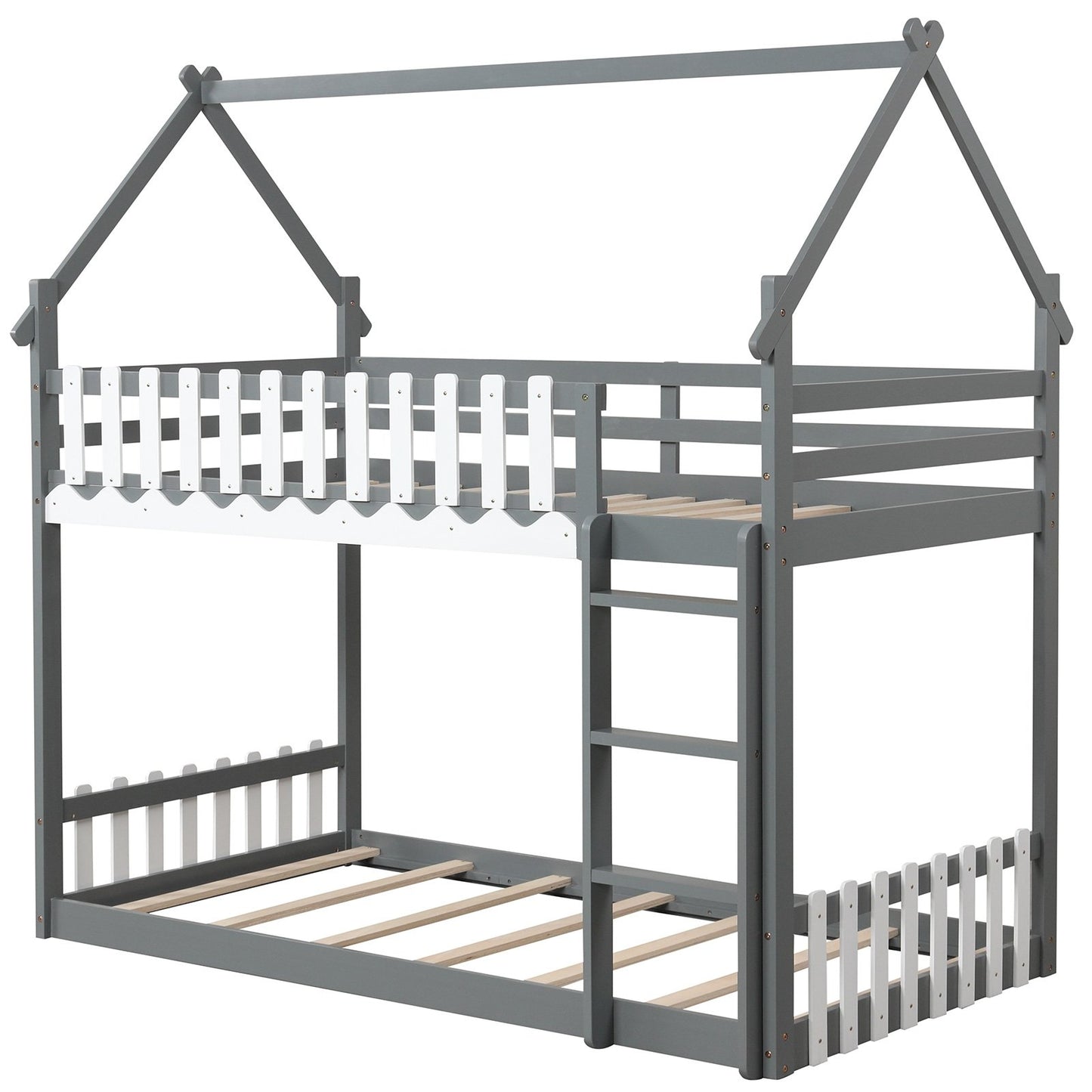 Twin Over Twin Bunk Bed with Fence and Ladder for Kids-Gray Kids Crystal