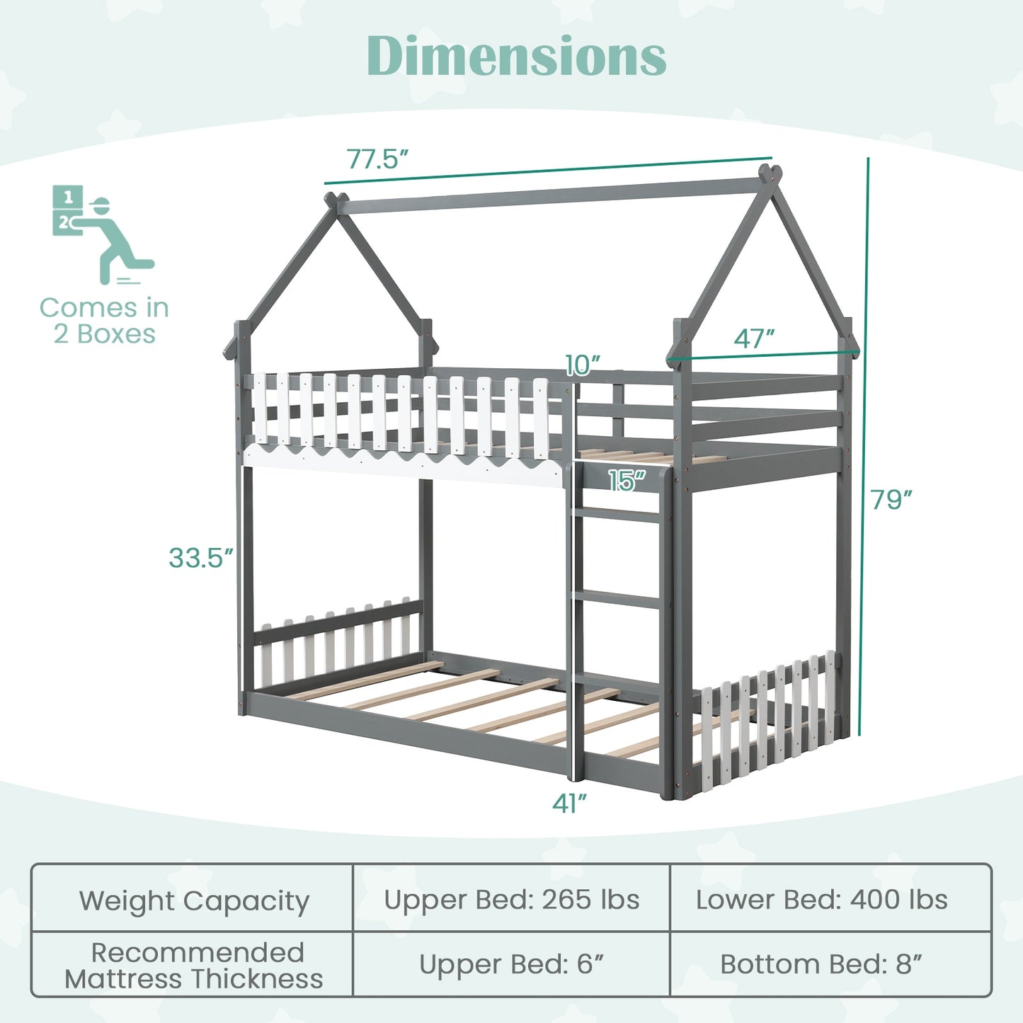 Twin Over Twin Bunk Bed with Fence and Ladder for Kids-Gray Kids Crystal