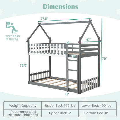 Twin Over Twin Bunk Bed with Fence and Ladder for Kids-Gray