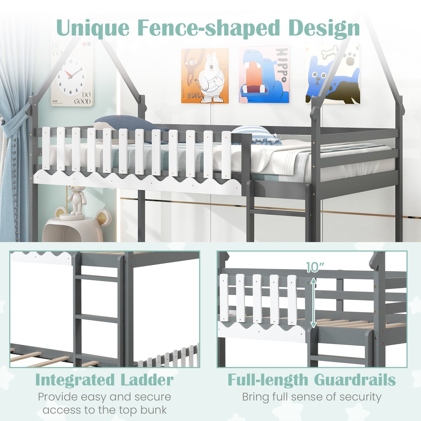 Twin Over Twin Bunk Bed with Fence and Ladder for Kids-Gray Kids Crystal