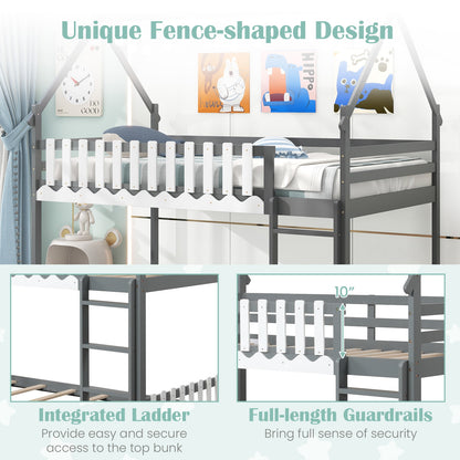Twin Over Twin Bunk Bed with Fence and Ladder for Kids-Gray