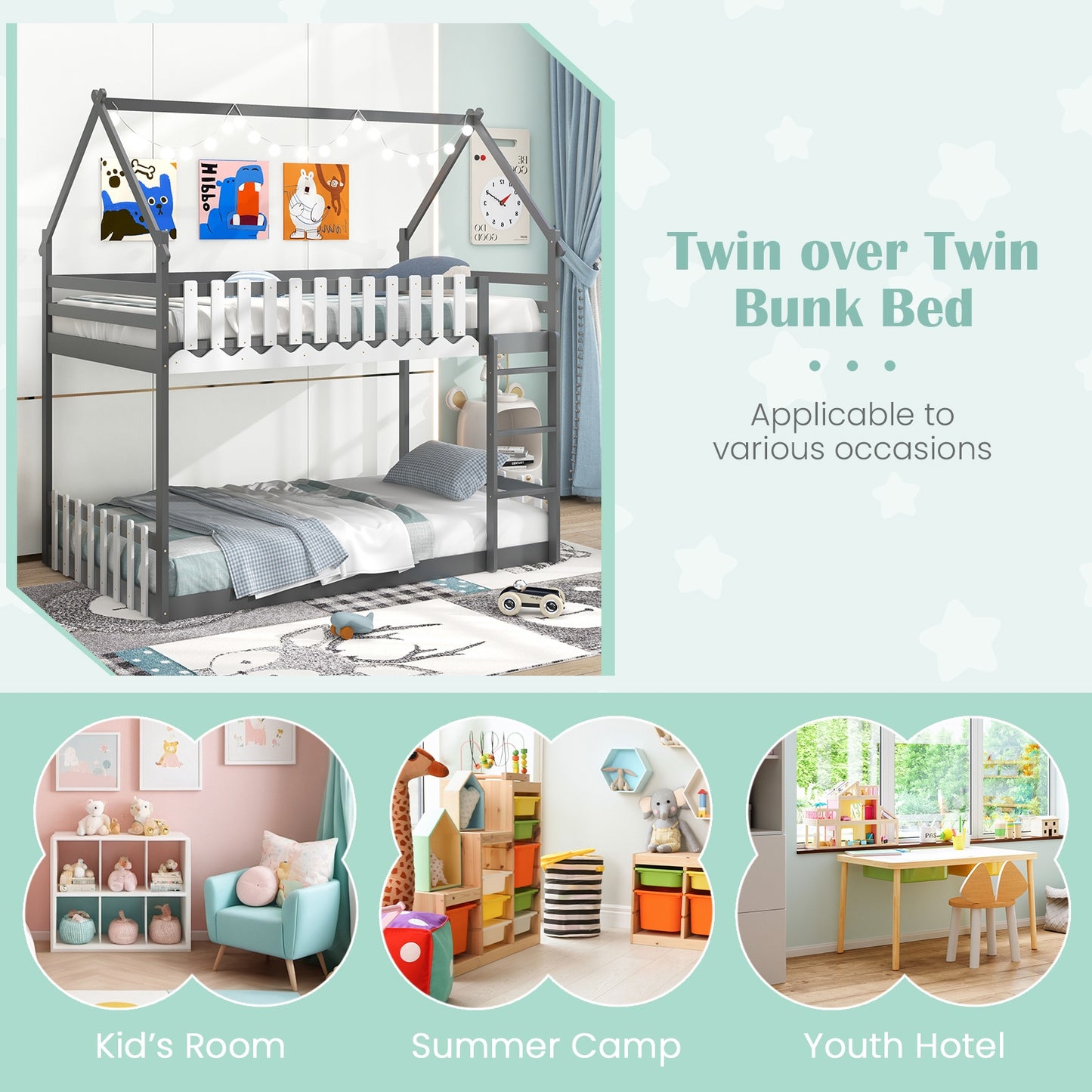 Twin Over Twin Bunk Bed with Fence and Ladder for Kids-Gray Kids Crystal