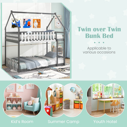 Twin Over Twin Bunk Bed with Fence and Ladder for Kids-Gray