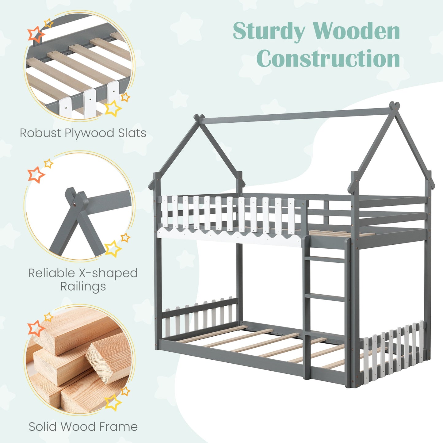 Twin Over Twin Bunk Bed with Fence and Ladder for Kids-Gray Kids Crystal