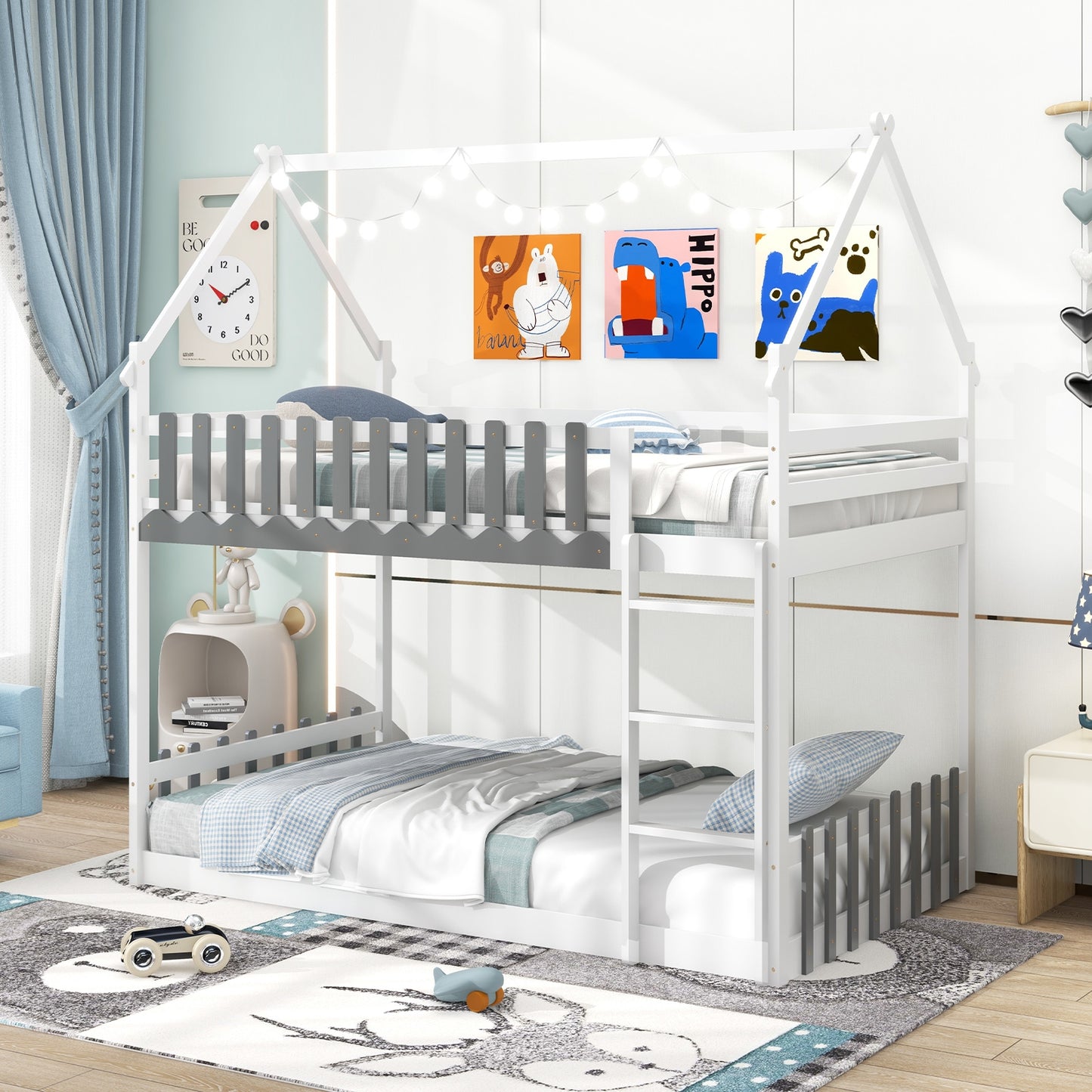 Twin Over Twin Bunk Bed with Fence and Ladder for Kids-White Kids Crystal